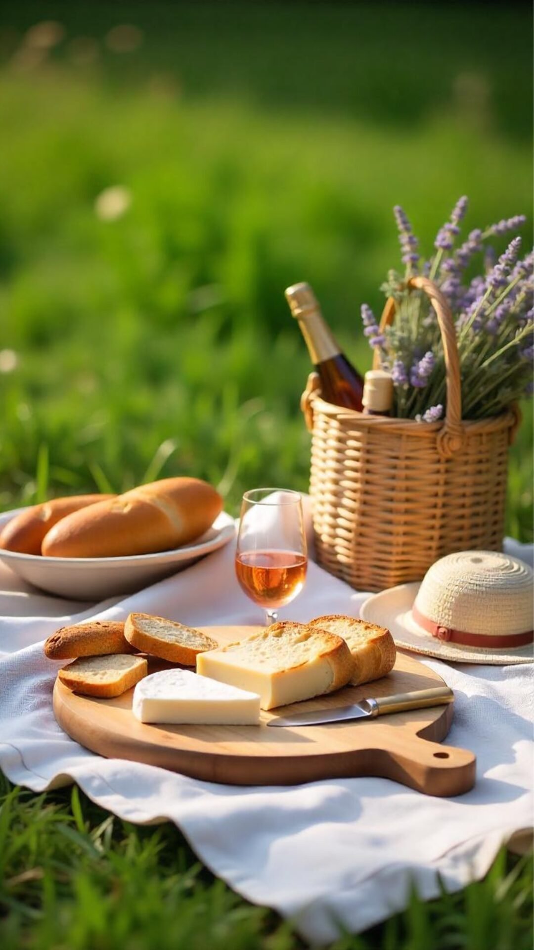 A gingham blanket on the grass, fresh baguettes wrapped in linen, soft cheeses, and wildflowers spilling out of wicker baskets. The vibe is effortlessly chic and calm—like you just stepped into a Provencal postcard.