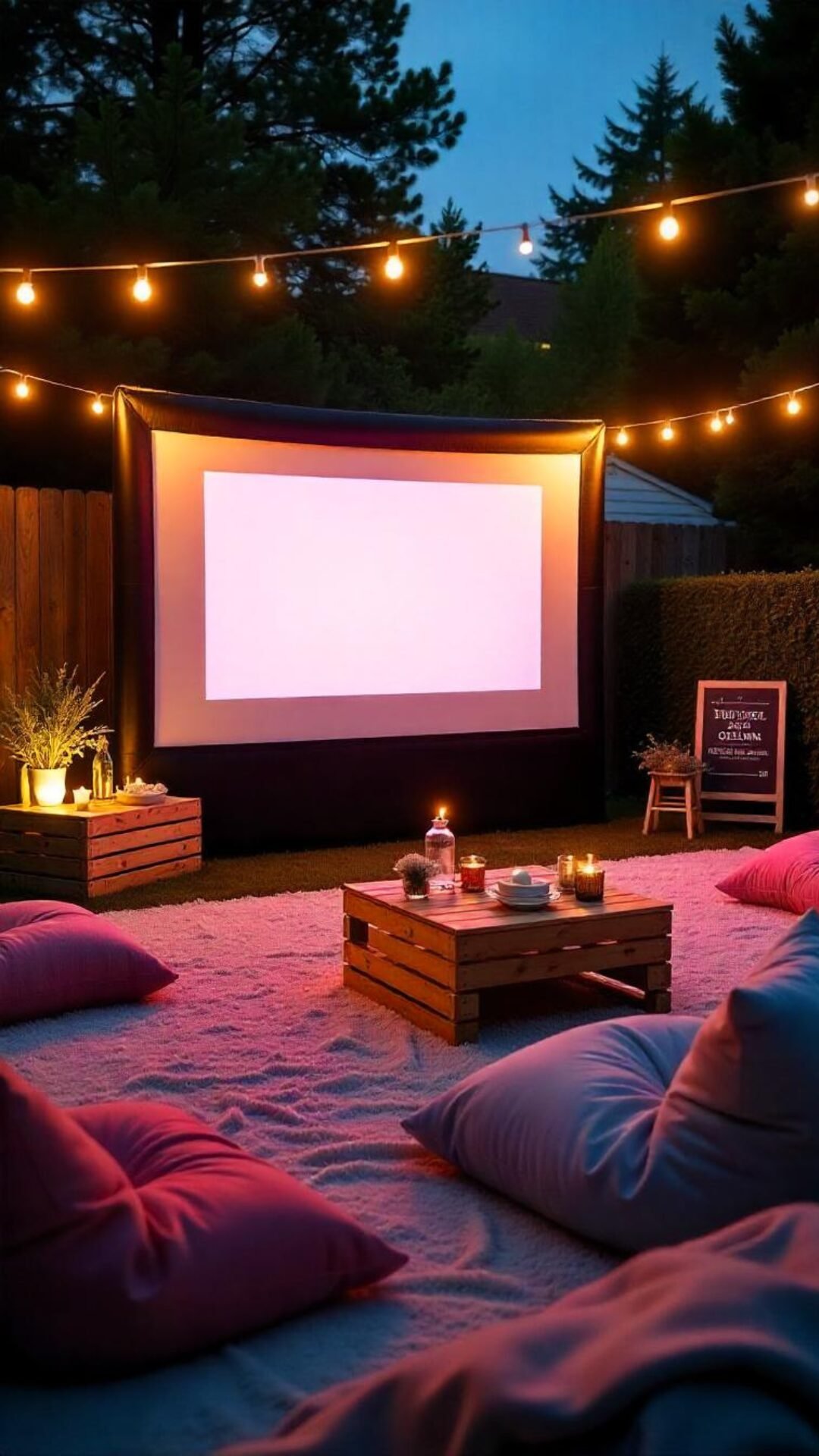 An outdoor screen draped in fairy lights, rows of floor cushions and bean bags, and bowls of popcorn passed around under a blanket of stars. Guests lounge with cozy throws and sip drinks from mason jars as the movie begins.