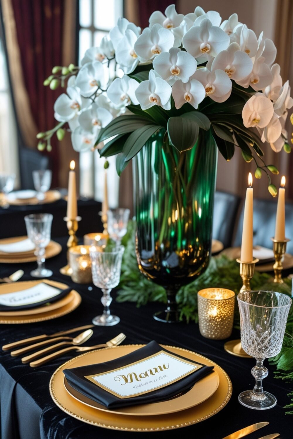A dramatic black and gold tablescape featuring a black velvet tablecloth and gold-rimmed plates. A tall glass vase overflowing with white orchids serves as a stunning centerpiece, while gold candlesticks hold elegant tapered candles. Crystal glasses shimmer under soft lighting, and each setting features a personalized name card in elegant script.