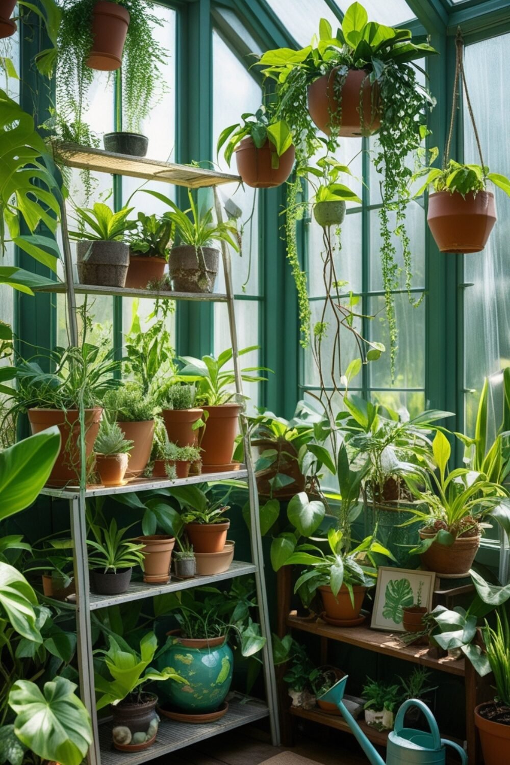 Tiered plant stands by the windows, hanging planters trailing vines, and sunbeams spotlighting your lush mini jungle.