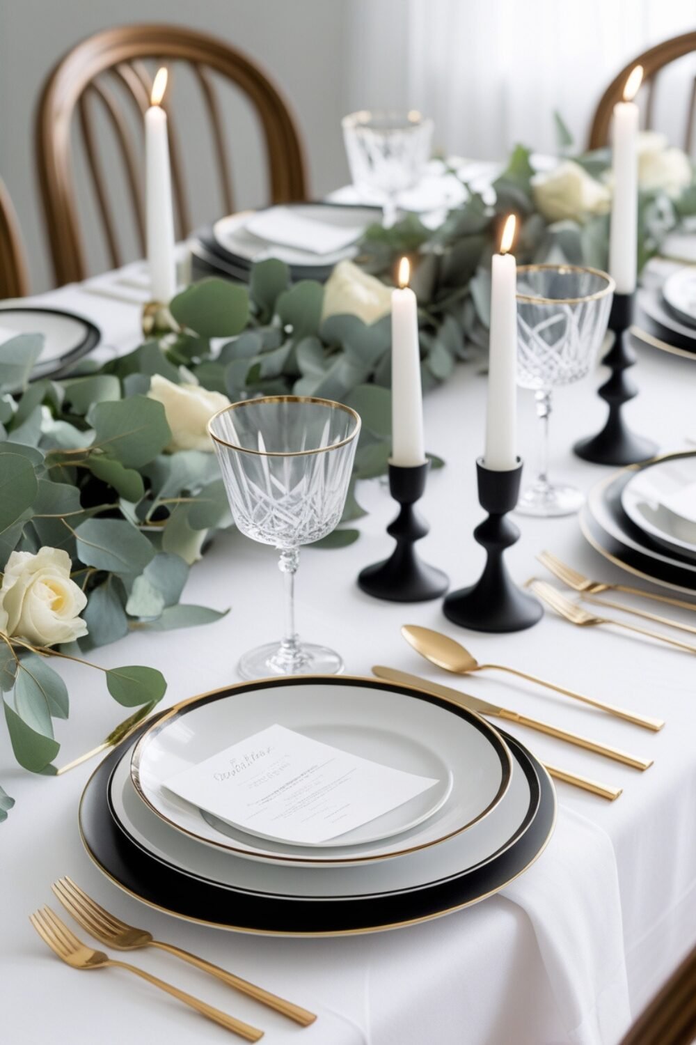 A bright, airy tablescape with a pristine white tablecloth, accented by black and gold-rimmed dinnerware. A delicate eucalyptus garland runs across the table, complemented by gold flatware and crystal-clear wine glasses. The soft glow of white taper candles in matte black holders adds a warm yet modern touch. The setting exudes effortless elegance, perfect for a chic Mother's Day celebration.