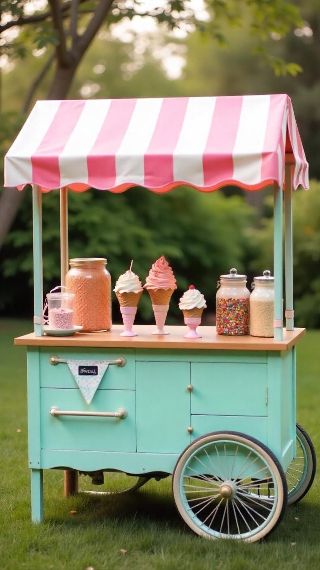 A vintage-style cart with pastel striped awning, rows of ice cream toppings in glass jars, and colorful cones ready for scooping. Guests create their dream sundaes under the summer sun, with sprinkles flying everywhere.