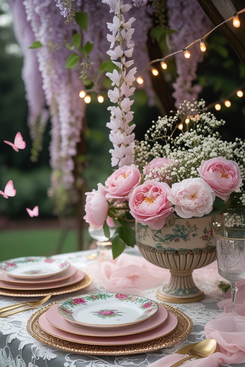 A garden table set beneath blooming wisteria, with a lace tablecloth draped elegantly over it. Vintage floral china plates sit atop blush pink chargers, surrounded by delicate gold flatware. Soft pink roses, peonies, and baby’s breath spill from an ornate ceramic vase. Twinkling string lights and fluttering butterflies complete the ethereal, fairytale-like atmosphere.