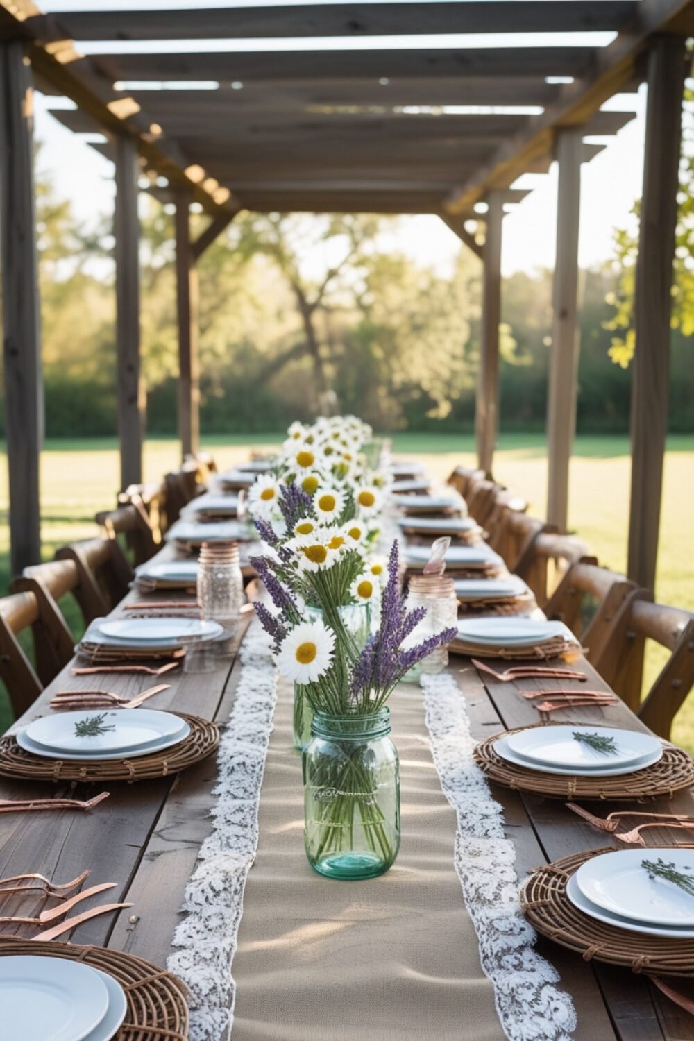 A long wooden farmhouse table set under a pergola, with soft sunlight filtering through. A burlap table runner stretches across the table, layered with lace for a vintage touch. Mason jars filled with fresh daisies and lavender line the center, while white plates rest on woven rattan chargers. Copper flatware and antique-style water goblets complete the inviting, country-chic atmosphere.