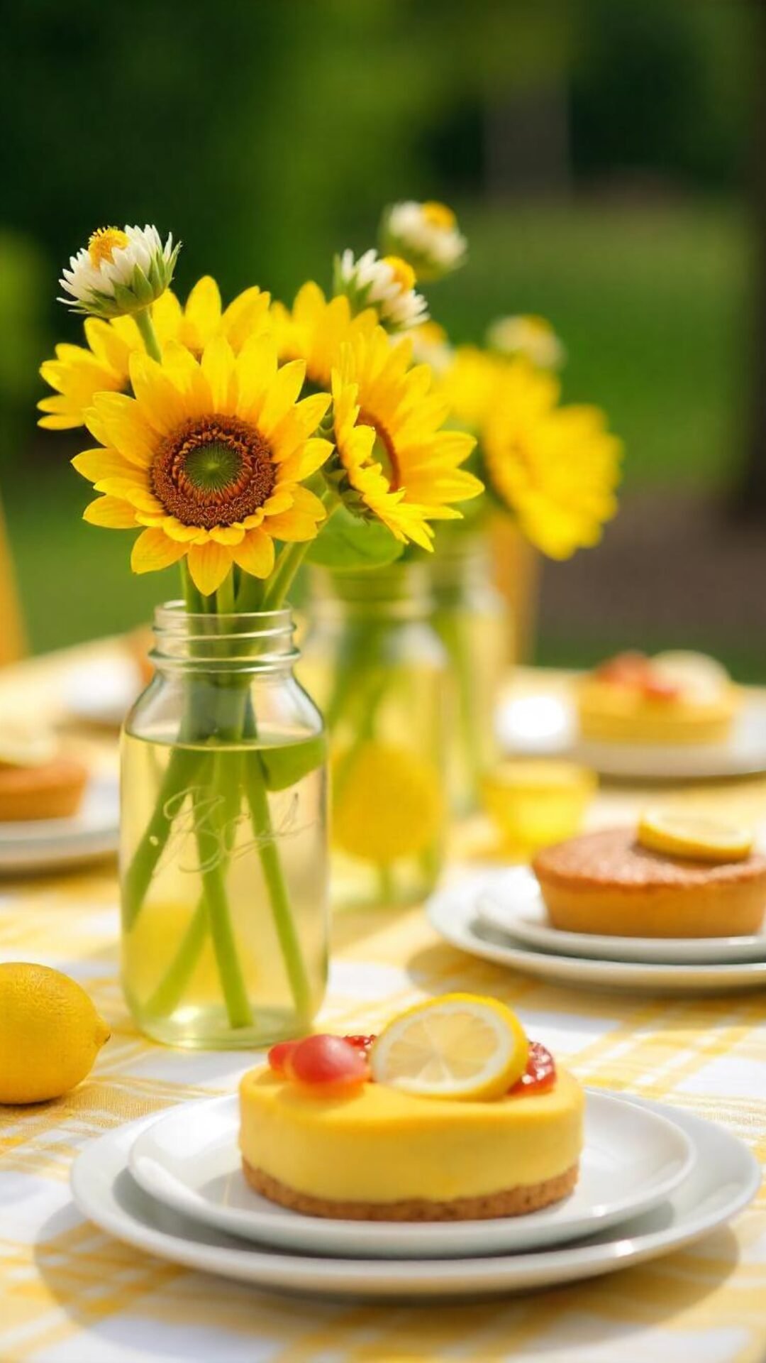 Bright yellow sunflowers in mason jars, sliced lemons floating in pitchers, and brunch bites served on gingham tablecloths. The whole setup is fresh, energizing, and Instagram-ready.