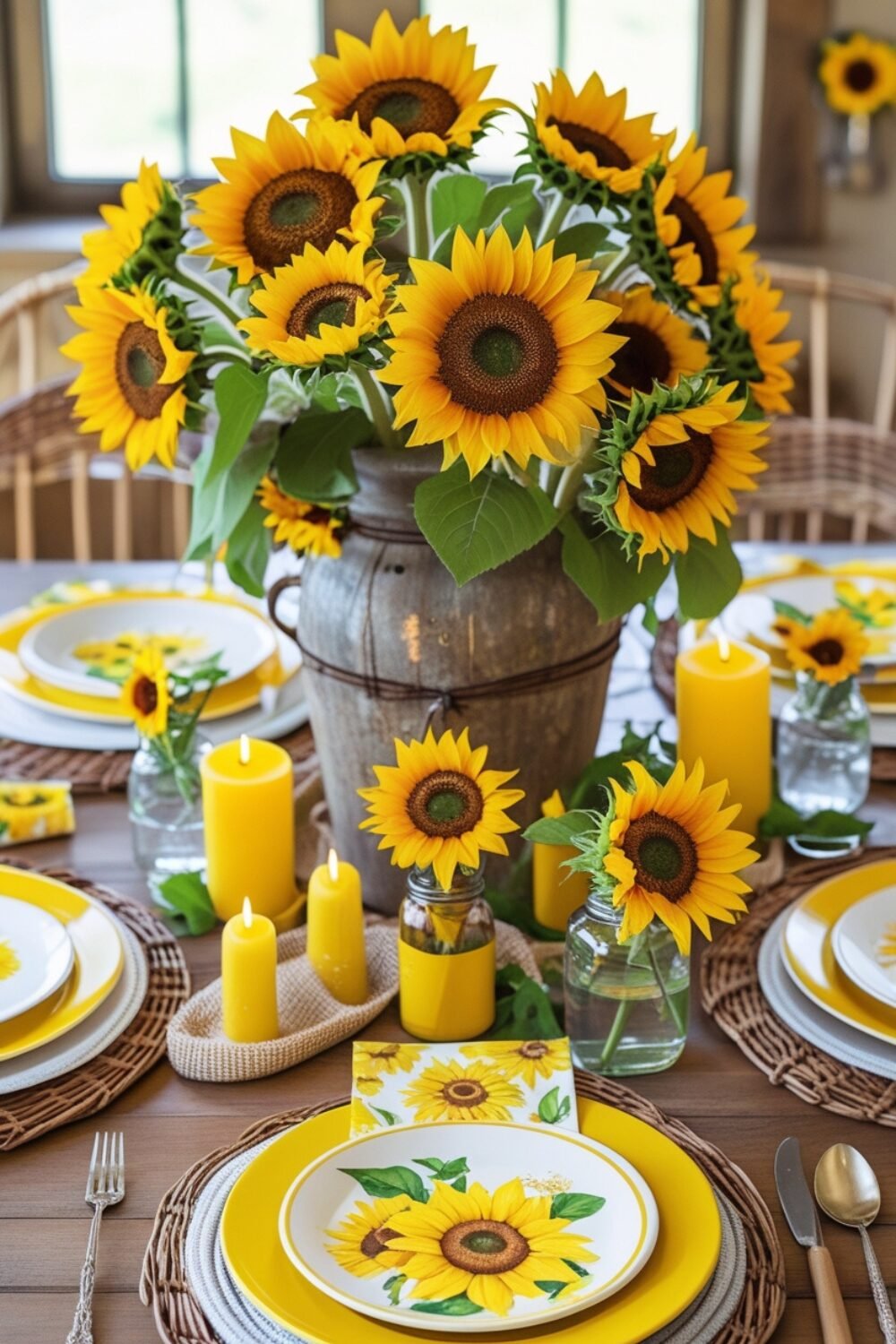 A farmhouse-style table set with sunflower-patterned napkins and yellow ceramic plates. A large, rustic vase filled with sunflowers serves as the centerpiece, surrounded by smaller glass bottles with single blooms. Wicker placemats, yellow candles, and vintage-style drinking glasses complete the vibrant, joyful aesthetic.