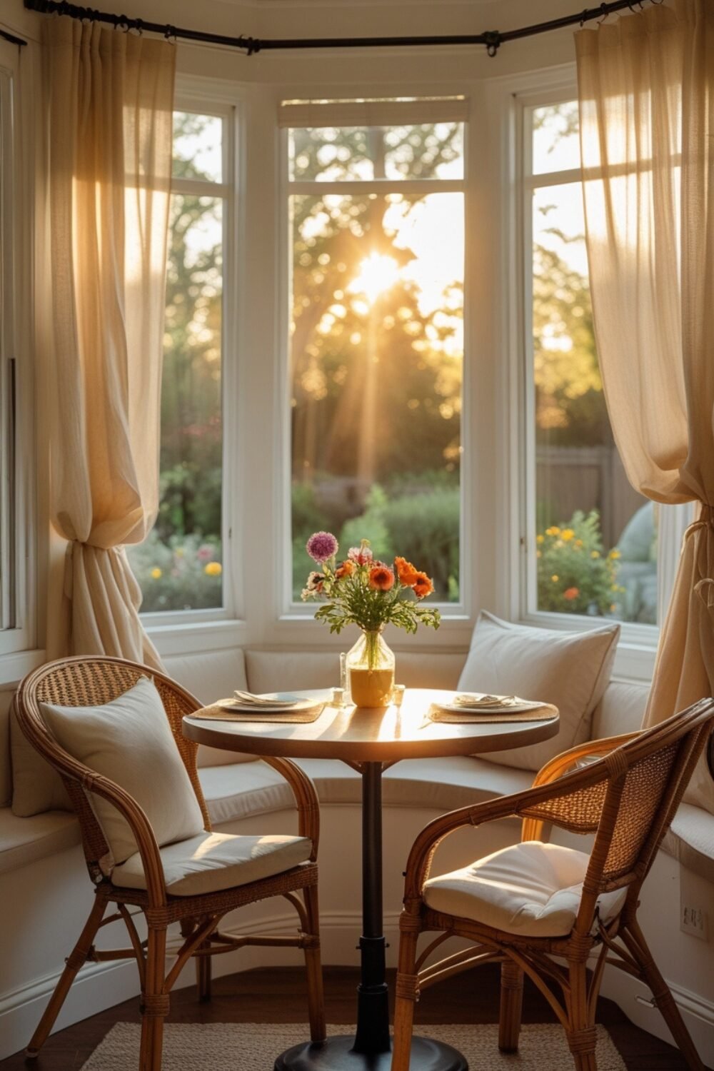 A bistro-style round table with rattan chairs, fresh flowers in a small vase, and soft sunlight streaming in through gauzy curtains.