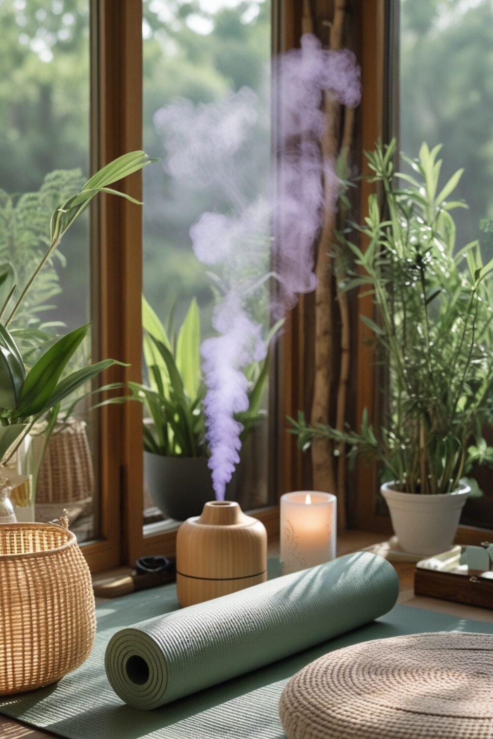 A rolled yoga mat, bamboo floor lamp, diffuser misting lavender into the air, and soft music playing. Greenery and woven textures surround you.