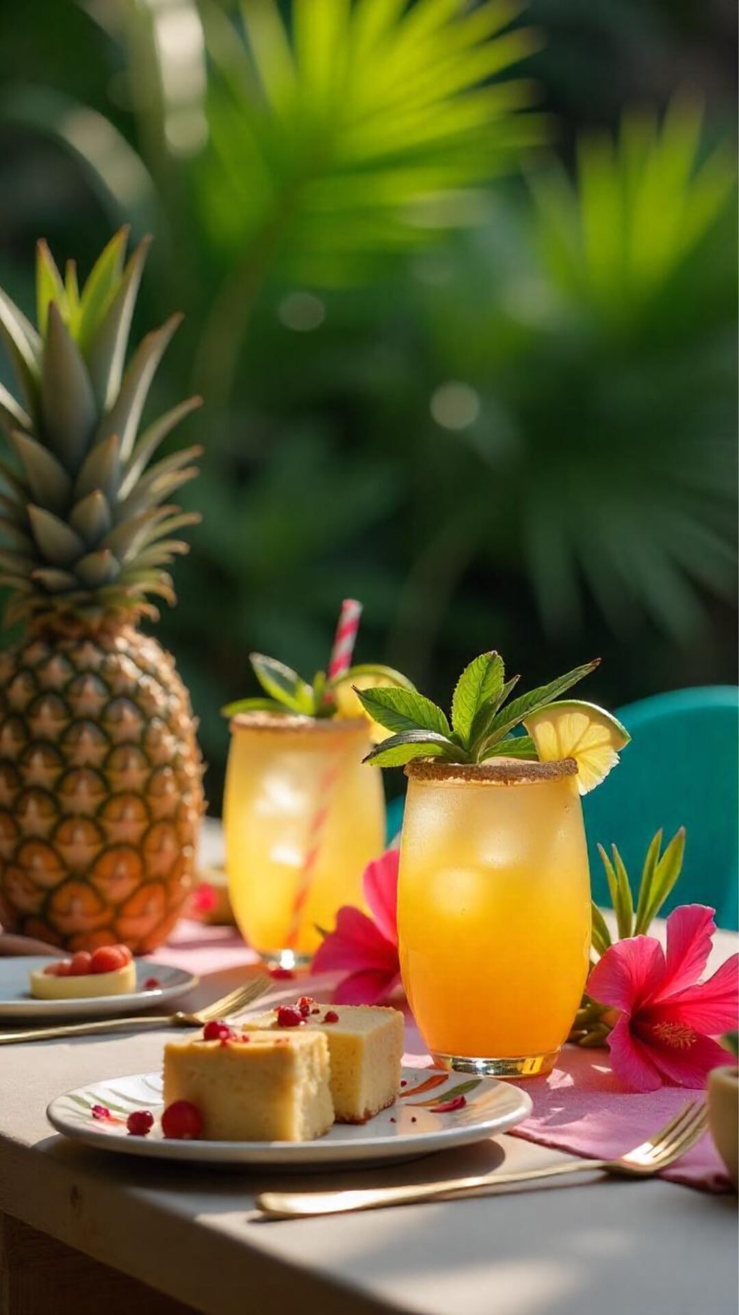 Bright colors, tiki torches, palm leaves, and pineapples set the scene for an island-inspired bash. Guests are greeted with leis and fruity mocktails served in coconut cups, all while the ukulele strums in the background.