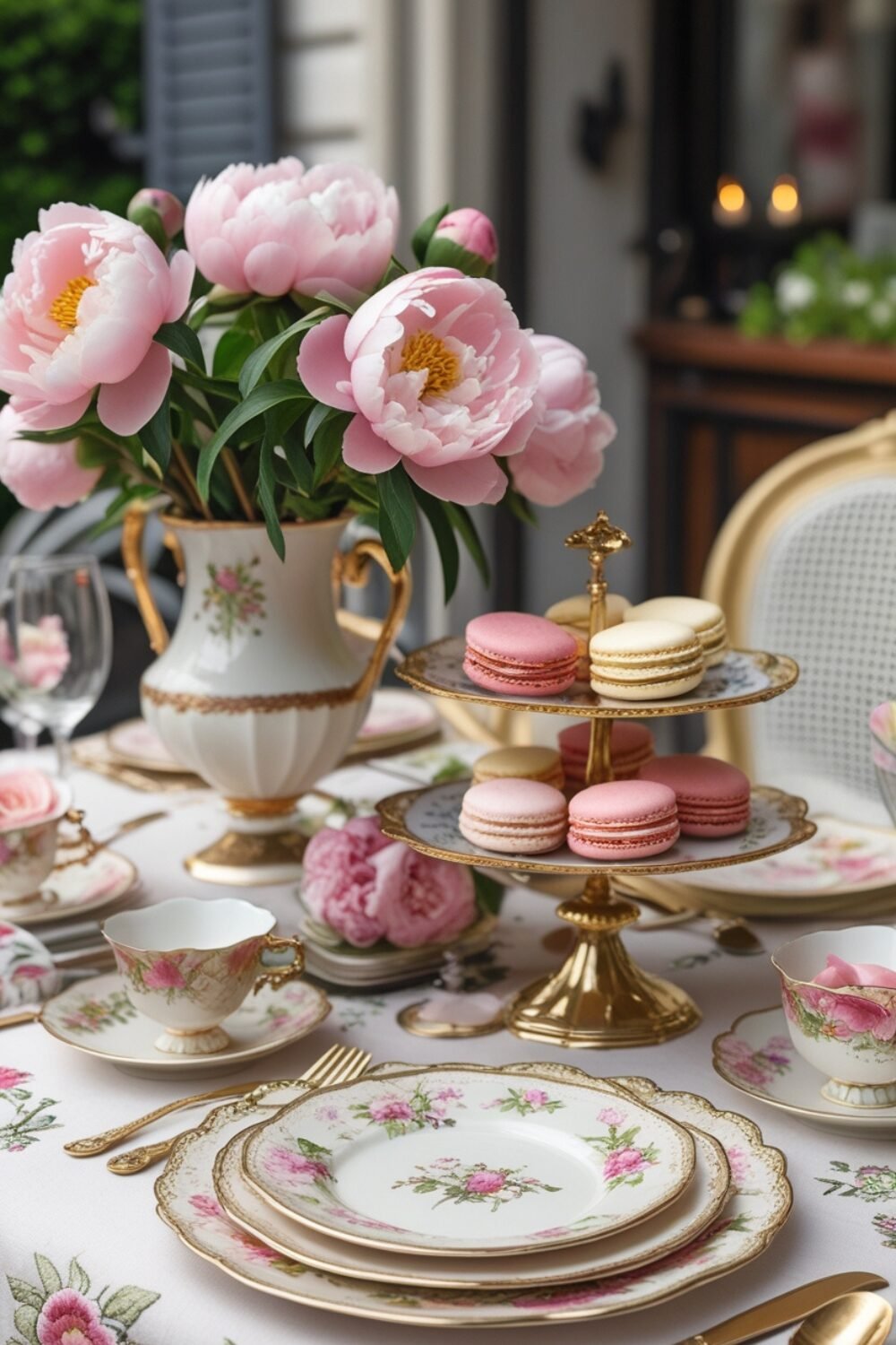 A chic outdoor bistro table with an embroidered tablecloth and a delicate tea set. Soft pink peonies in a porcelain vase serve as the centerpiece, while dainty gold-rimmed plates rest on floral chargers. A vintage-inspired cake stand holds macarons and éclairs, evoking the charm of a Parisian afternoon tea.