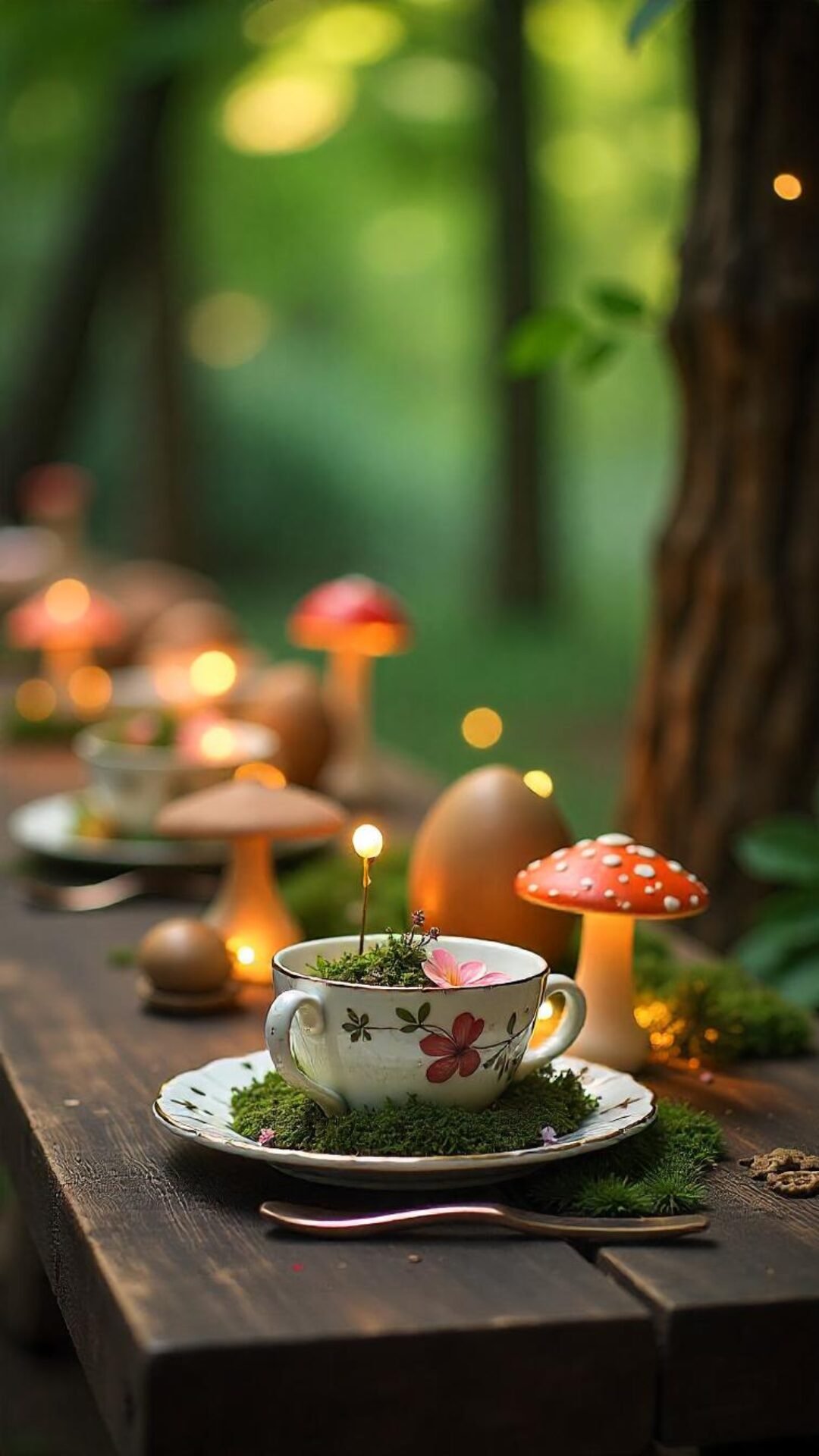 Tiny toadstools, moss-covered stones, twinkle lights woven through tree branches, and dainty desserts served in teacups. Guests wear flower crowns and walk through arched vines like they’ve stepped into a fantasy novel.